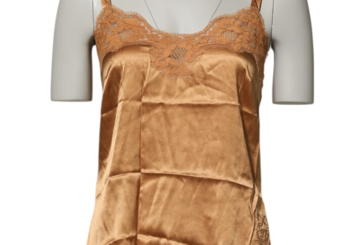 Brown Floral Lace Silk Satin Tank Lingerie Underwear