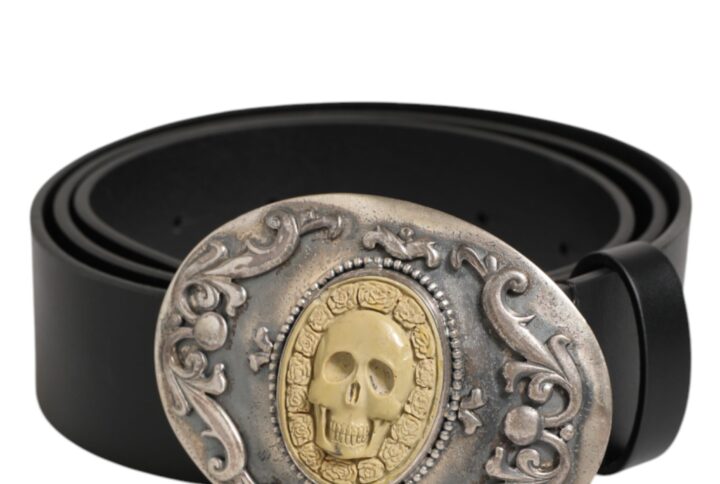 Black Leather Ornate Metal Buckle Men Belt
