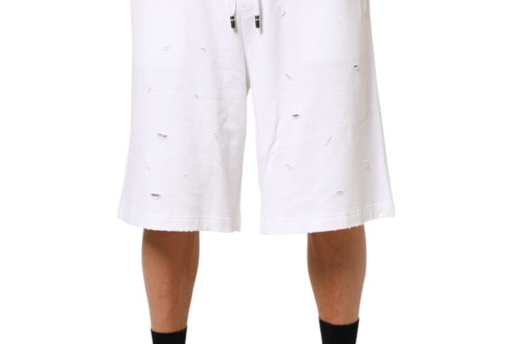 White Cotton Ripped Bermuda Sweatpants Shorts
