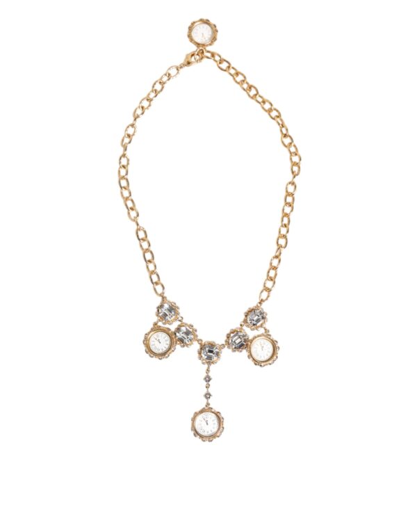 Gold Crystal Clock Pendant Statement Jewelry Necklace