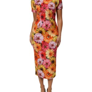 Multicolor Floral Print SilkSheath Midi Dress - Jag Couture London
