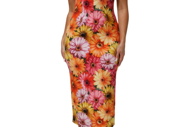 Multicolor Floral Print SilkSheath Midi Dress | Jag Couture London – New York