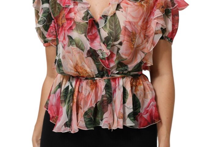 Pink Camellias Printed Silk V-neck Blouse Top | Jag Couture London – New York