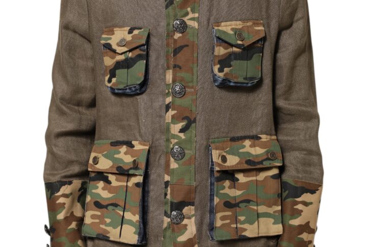 Brown Camouflage Linen Button Down Jacket | Jag Couture London – New York