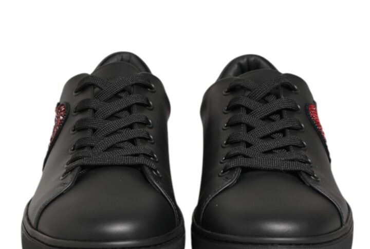 Black Leather Crystal Heart Sneakers Shoes | Jag Couture London – New York