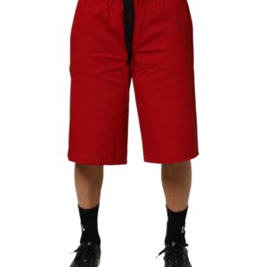 Red Cotton MidWaist Drawstring Bermuda Pants