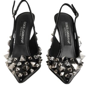 Black Studded Leather Heels Slingbacks Shoes