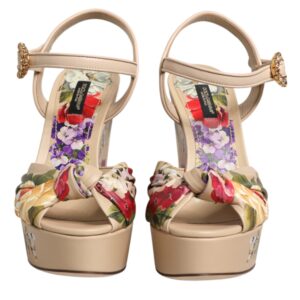 Beige Floral Ankle Strap Wedge Sandals Shoes