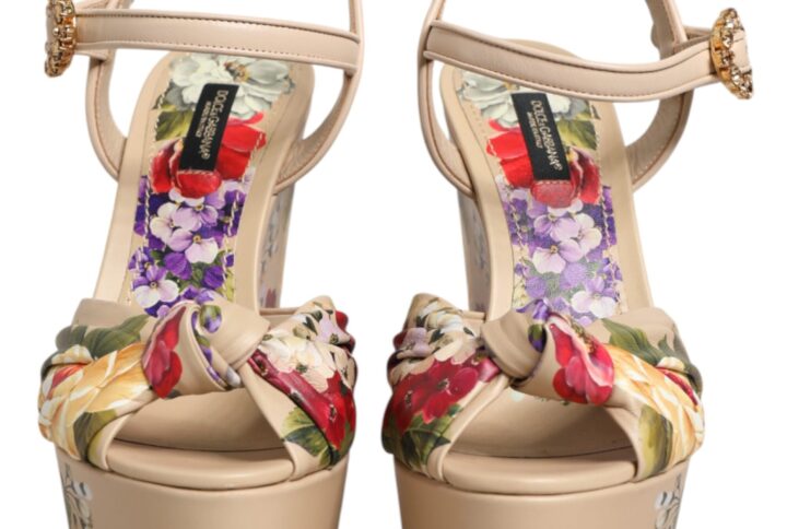 Beige Floral Ankle Strap Wedge Sandals Shoes