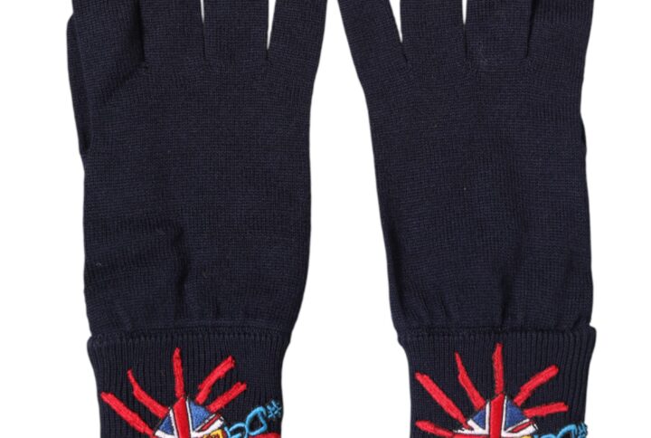 Blue Wool Knit #DGLovesLondon Embroidered Mitten Gloves