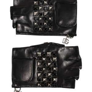 Black Leather Studded Fingerless Hand Mitten Men Gloves