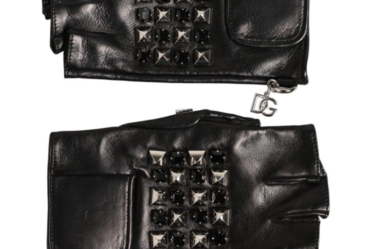 Black Leather Studded Fingerless Hand Mitten Men Gloves