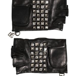 Black Leather Studded Fingerless Hand Mitten Men Gloves