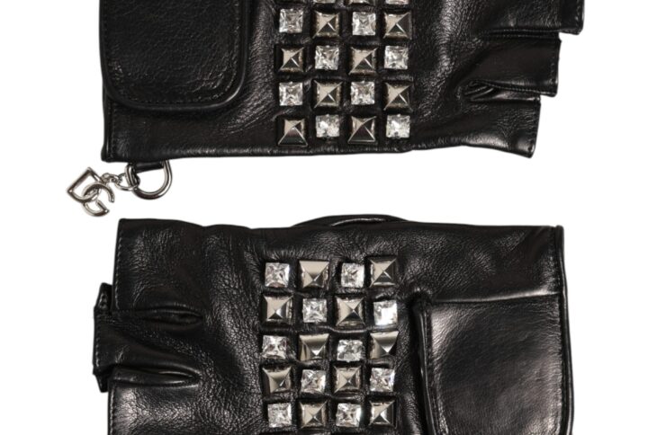 Black Leather Studded Fingerless Hand Mitten Men Gloves