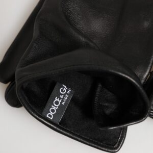 Black Leather Embellished Long Mitten Gloves