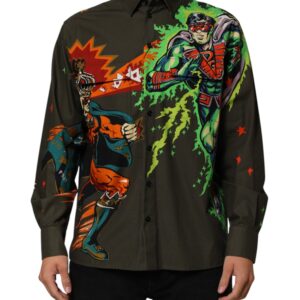 Green Superhero Print Button Down Shirt