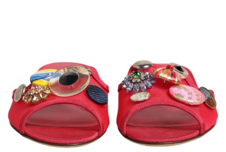 Red Embellished Flats Slip On Sandals Shoes