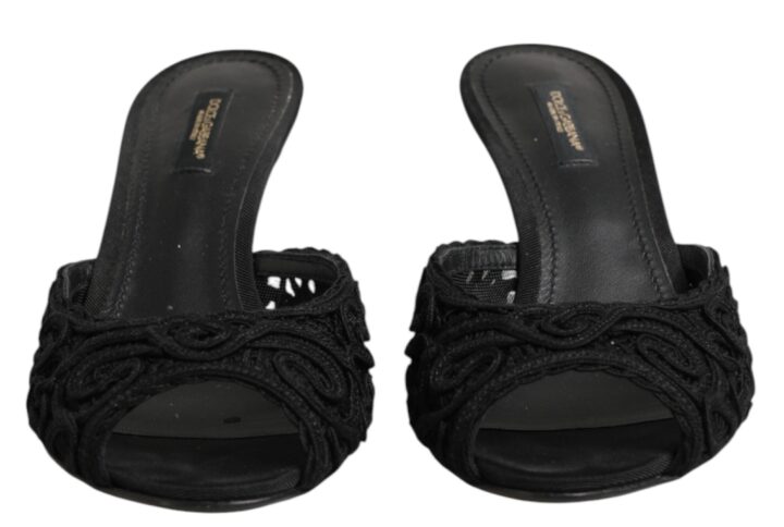 Black Embroidered Slip On Heels Slides Shoes