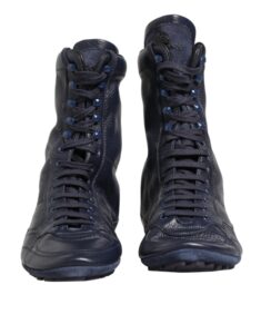 Dark Blue Deer Leather Mid Calf Boots Shoes