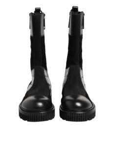 Black Patchwork Leather Mid Calf Boot  Shoes