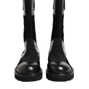 Black Patchwork Leather Mid Calf Boot Shoes