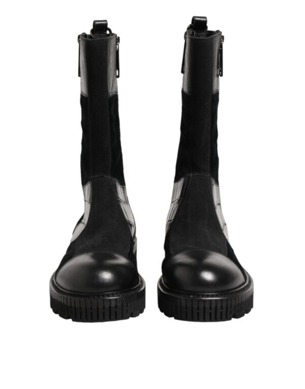 Black Patchwork Leather Mid Calf Boot Shoes