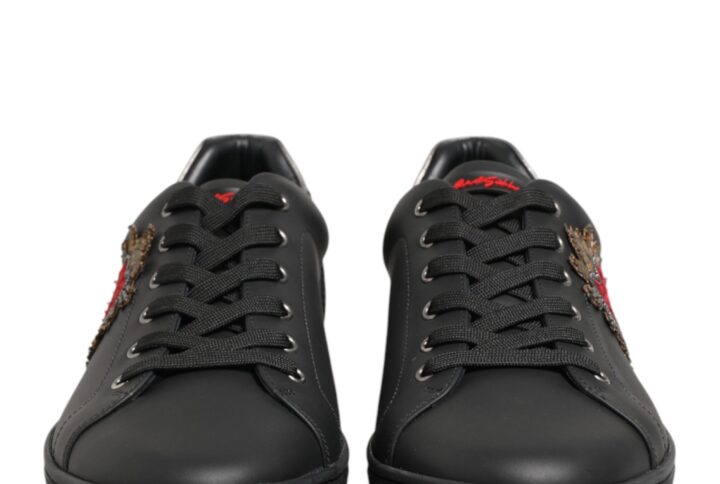 Black Leather Heart Embellished Sneakers Shoes | Jag Couture London – New York