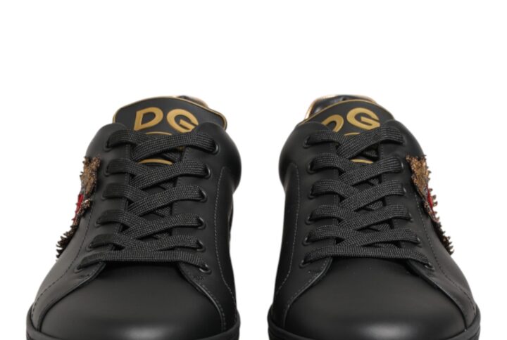 Black Leather Heart Embellished Sneakers Shoes
