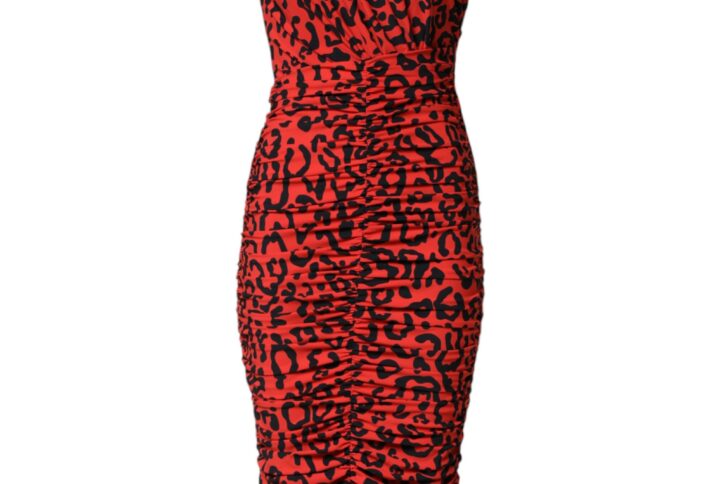 Red Leopard Print Nylon Sheath Midi Dress