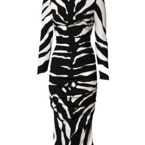 Black White Zebra Viscose Sheath Midi Dress