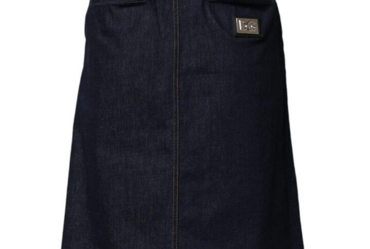 Dark Blue Cotton A-line Denim Midi Skirt | Jag Couture London – New York