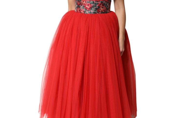 Red Floral Off Shoulder A-line Gown Dress | Jag Couture London – New York