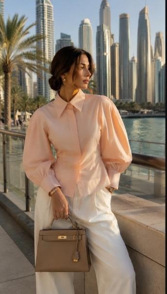 Woman in blush silk blouse and ivory tailoring carrying a beige structured top-handle handbag against a waterfront skyline