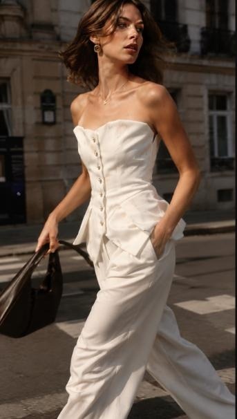 Woman crossing a Parisian street in an ivory button-front bustier top and matching wide-leg trousers, carrying a black leather bag
