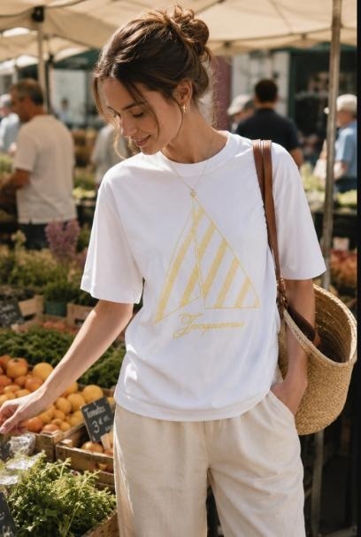 Woman in white Jacquemus graphic logo t-shirt and cream linen trousers browsing a farmers market stall