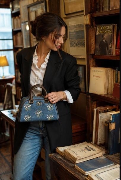 Woman in black blazer and jeans holding a Valentino Garavani floral-embroidered denim bowling bag inside a bookshop