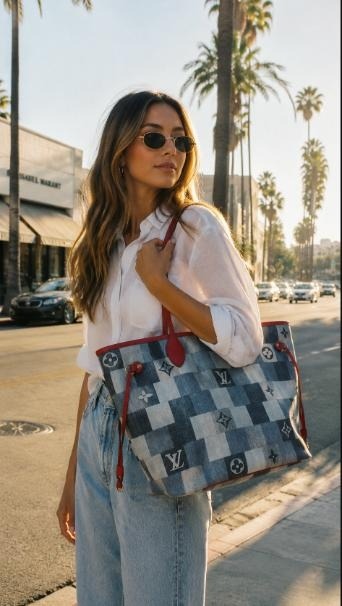 Woman in white shirt and denim carrying a Louis Vuitton denim-checkerboard monogram tote on a palm-lined street