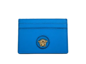 Versace Mini Medusa Blue Grainy Leather Slim Card Case Wallet